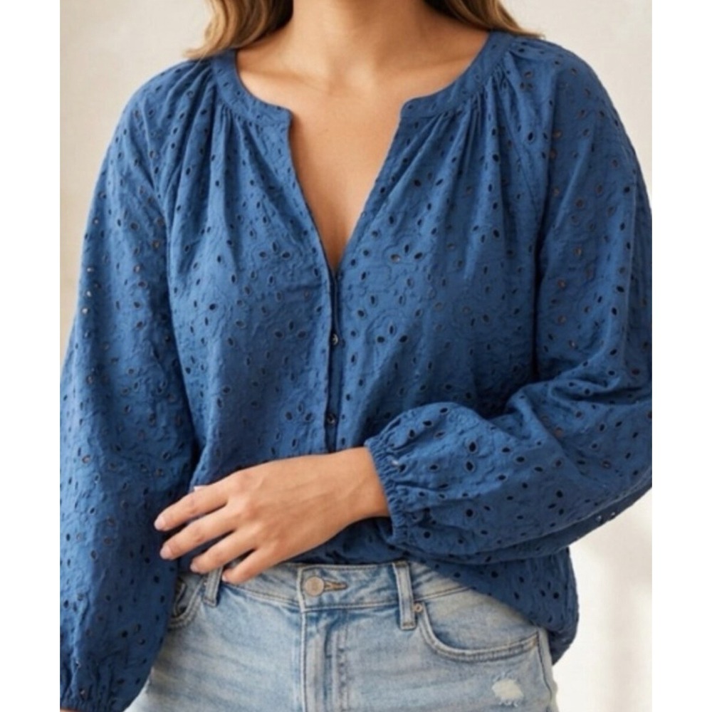 Calypso St Barth 2X Eyelet Peasant Blouse Split Neck Balloon Sleeve Blue NWT